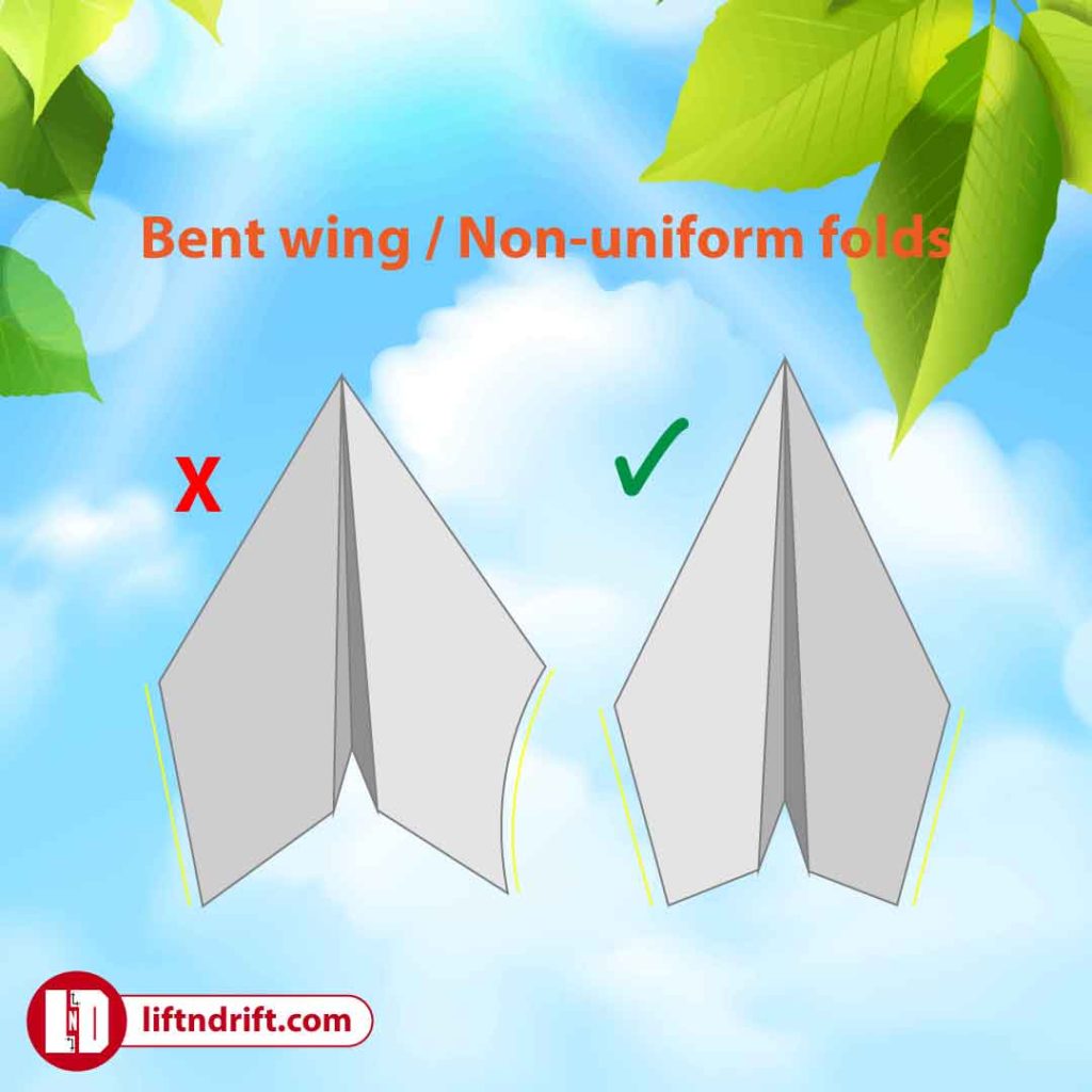 paper airplane physics, bent wing non uniform paper airplane folds